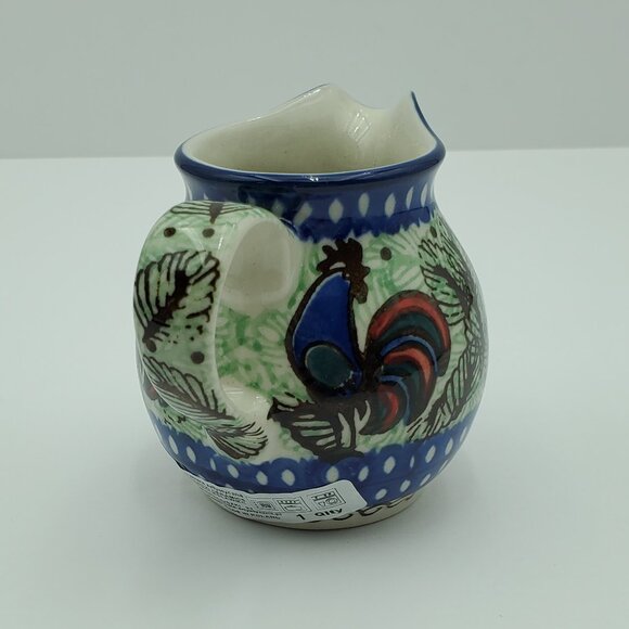 Polish Pottery Rooster Row Creamer Unikat Small Blue & Green Rooster Creamer - Picture 5 of 8